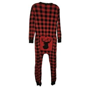 Silver Lilly Embroided Deer Red Buffalo Plaid One Piece Pajama Size M Drop Seat